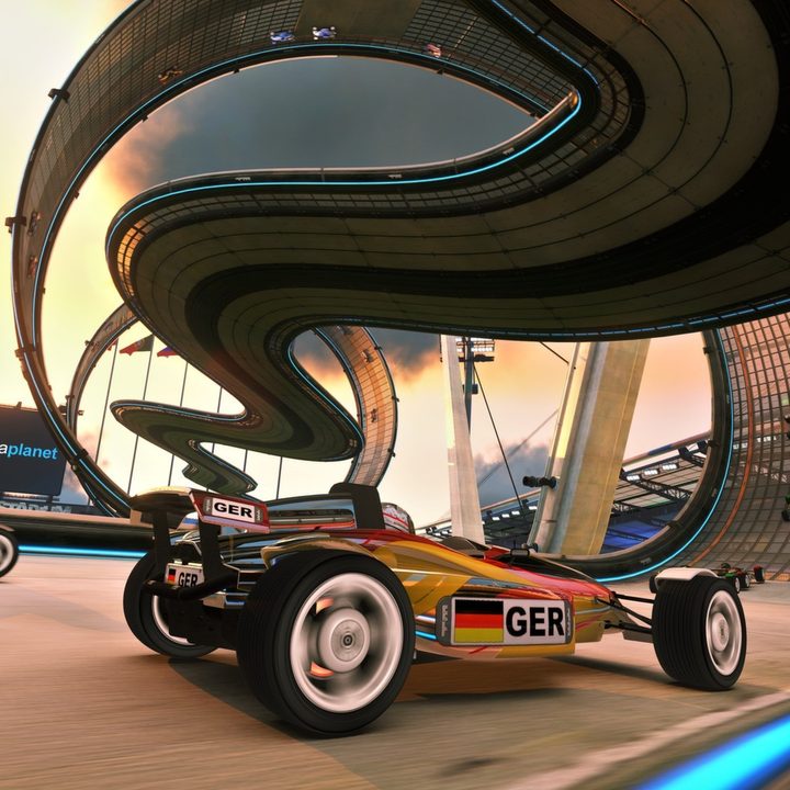 Trackmania player driving through winding course.