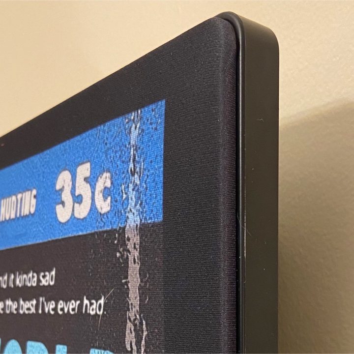 Close-up of the corner of a custom-printed cover on an Ikea Symfonisk Picture Frame speaker.
