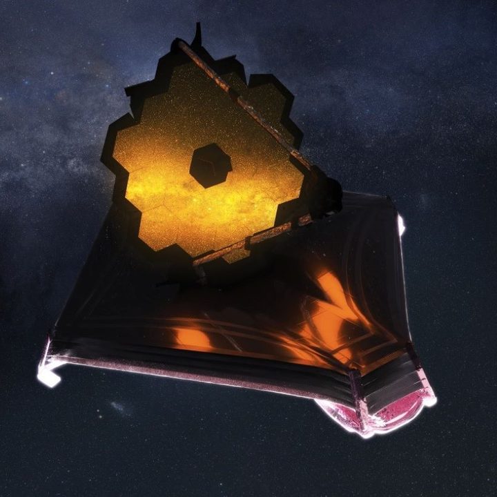 This artist’s conception shows the fully unfolded James Webb Space Telescope in space.