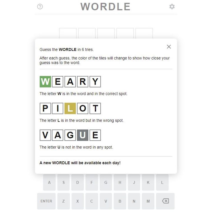The rules for Wordle displayed on its website.