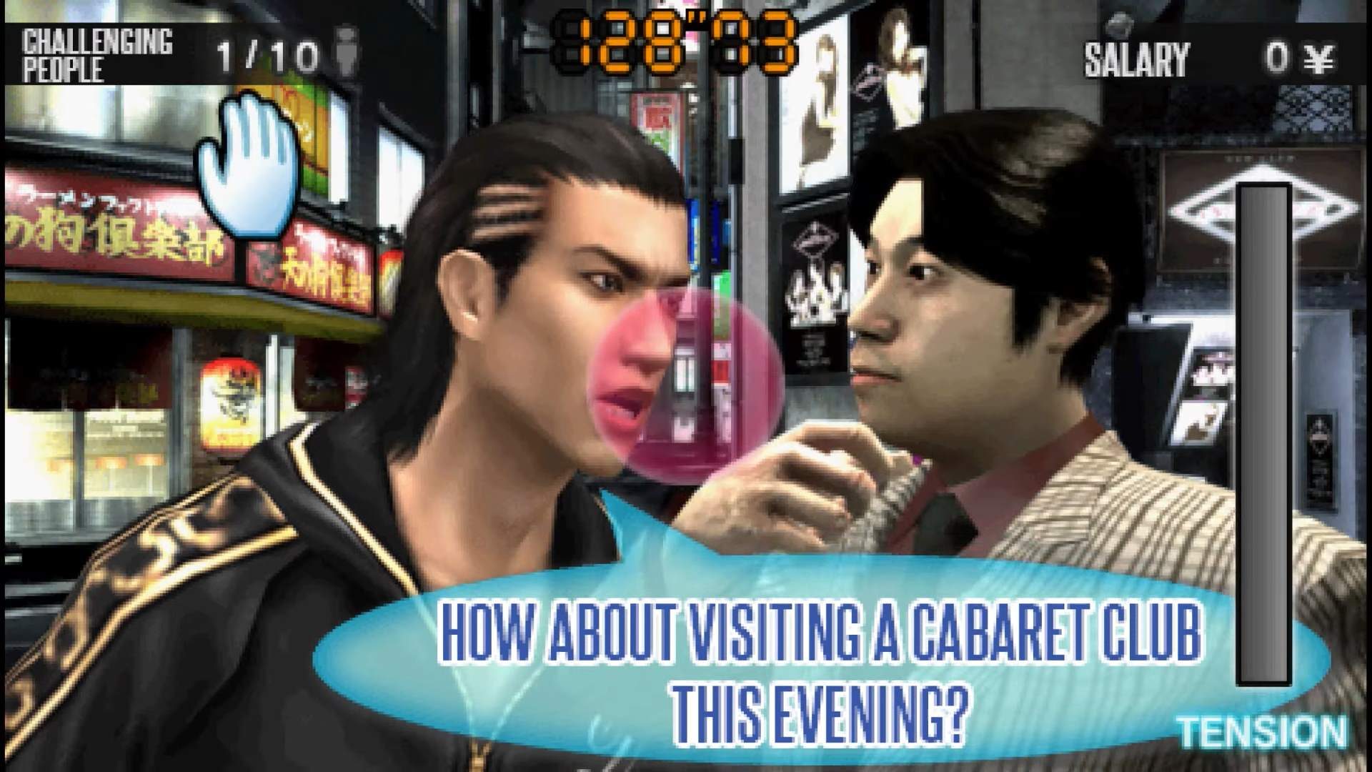 Tatsuya Ukyo, challenging a random man to visit a club.