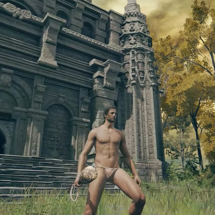 A Wretch in his underwear with a club in Elden Ring.