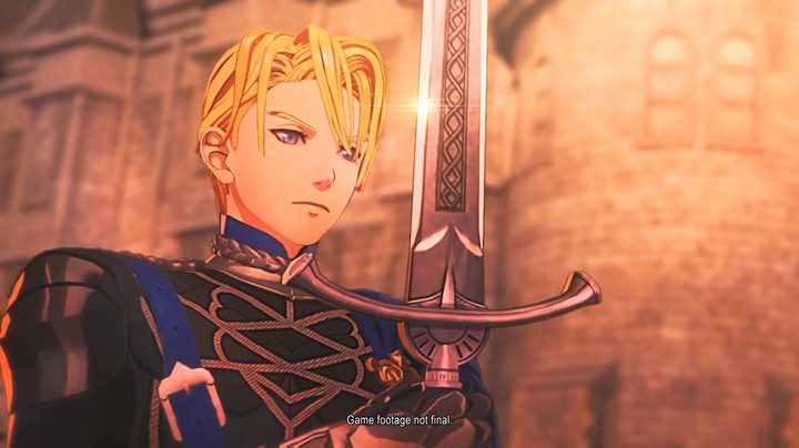 Edelgard holding his sword up in Fire Emblem Warriors: Three Hopes.