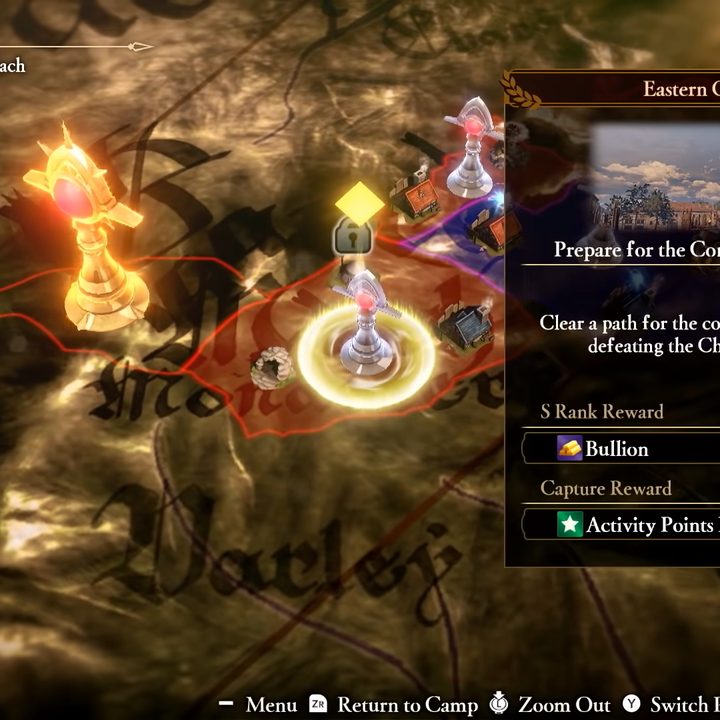 A war map with objectives. in Fire Emblem Warriors: Three Hopes.
