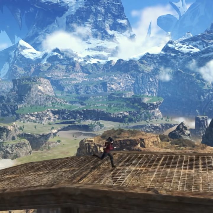 Noah runs across a bridge with a mountain vista in the background in Xenoblade Chronicles 3.