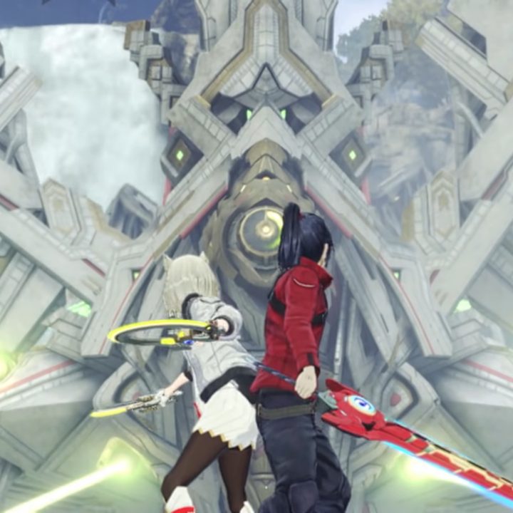 Noah and Mio stand back-to-back near a giant machine in Xenoblade Chronicles 3.
