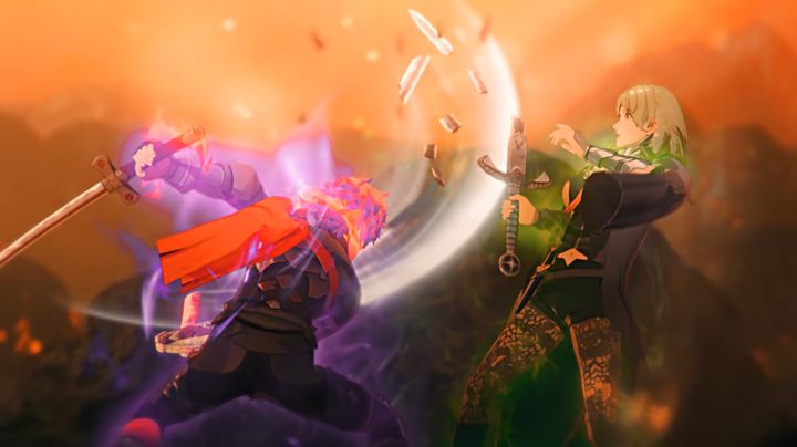 One warrior breaking another's sword in Fire Emblem Warriors: Three Hopes.