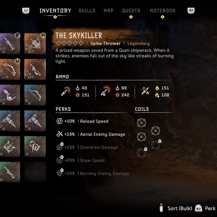 The Skykiller weapon menu.