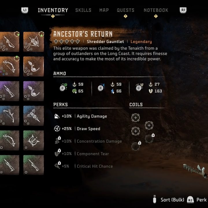 The Ancestor's Return weapon menu.