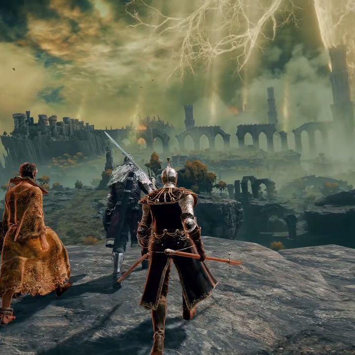 A trio of knights overlooking a vista.