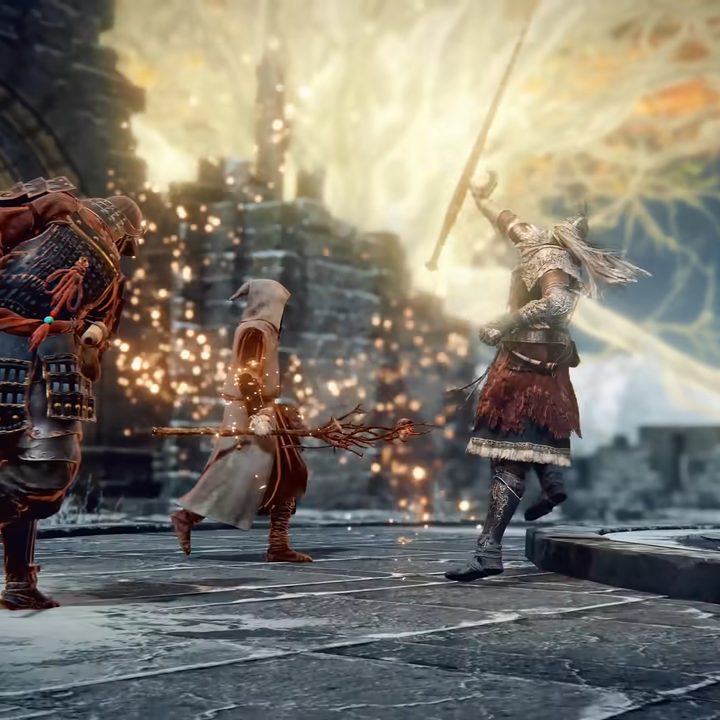 Three soldiers about to attack in a castle.