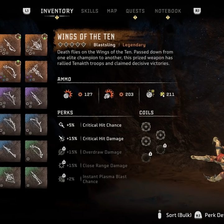 The Wings of the Ten weapon menu.