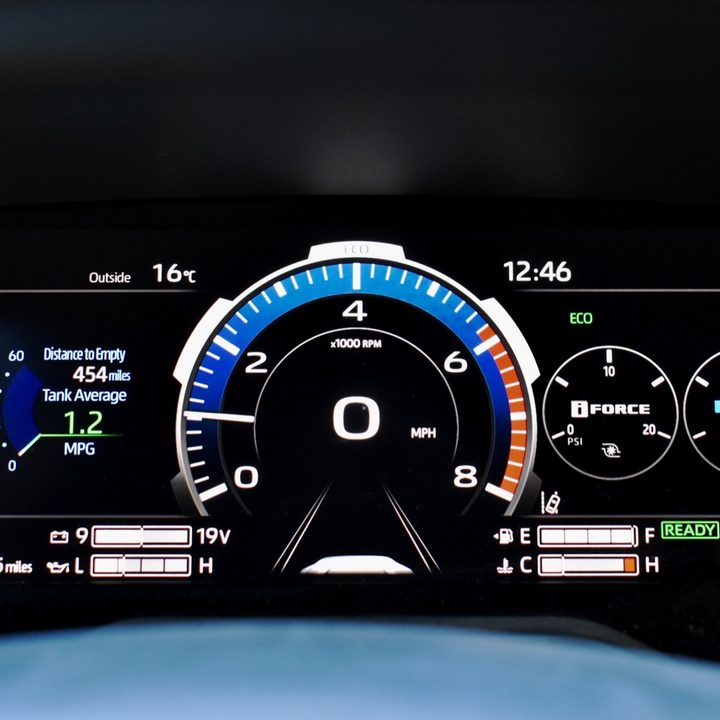 The 2022 Toyota Tundra i-Force Max hybrid's instrument cluster.