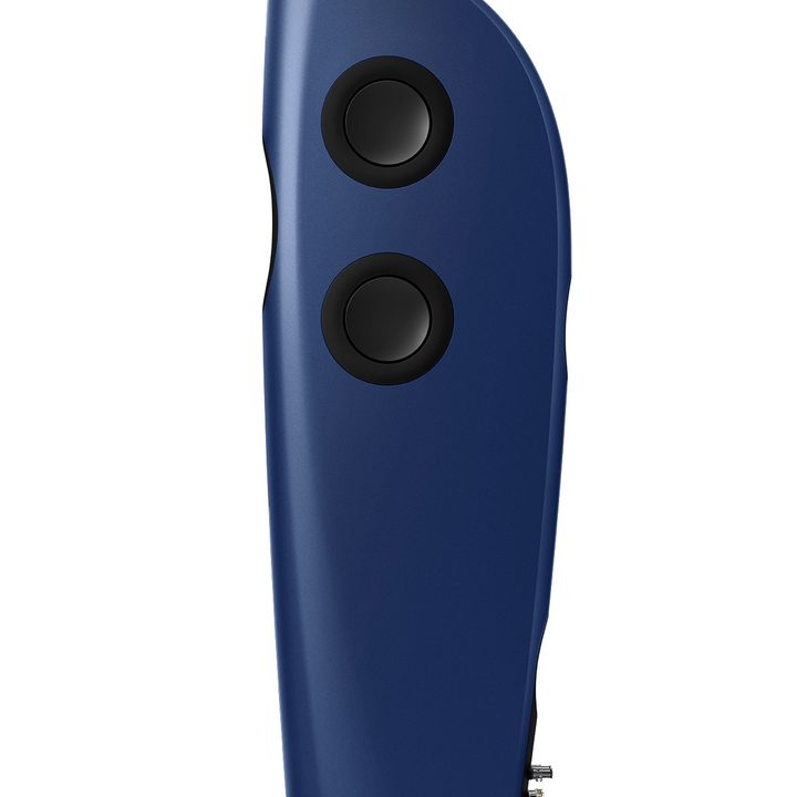 Side view of Blue KEF tower speakers.