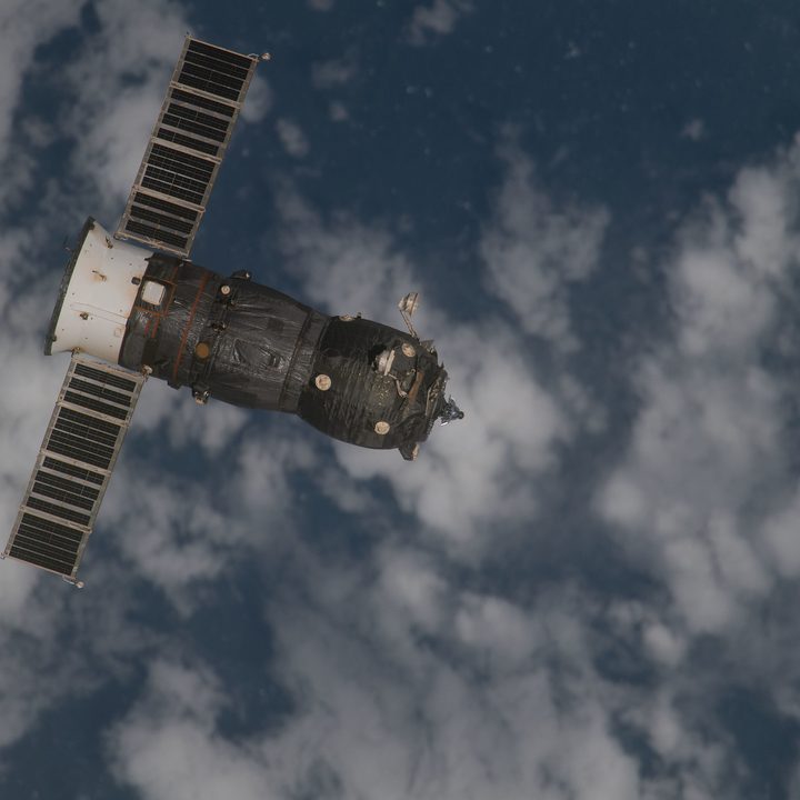 Russia's ISS Progress 75 cargo craft, seen departing from the International Space Station April 27, 2021 after undocking from the Zvezda service module's aft port.