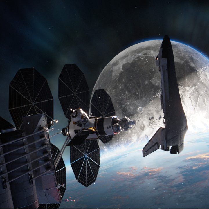 A shuttle floats through space with the moon in the background in a scene from Moonfall.