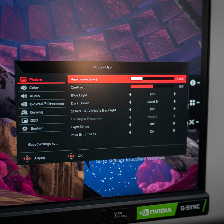 Menu on the Acer Predator X28.