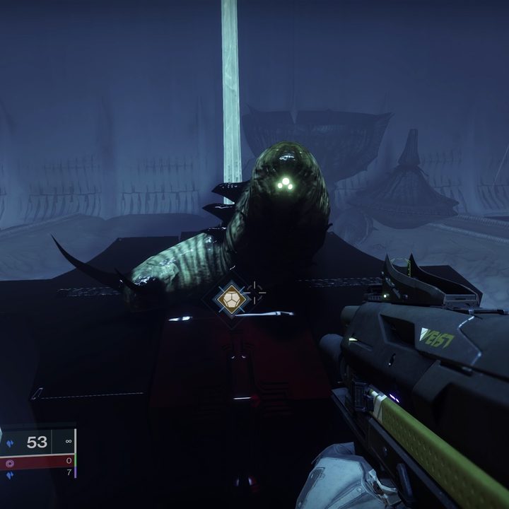 A hive worm talks to the player from his place on an alter in Destiny 2.