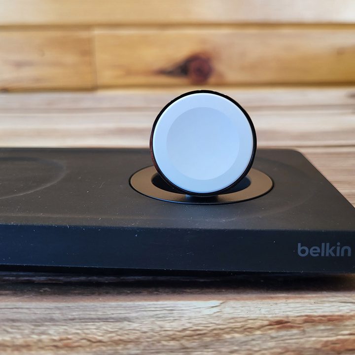 The Apple Watch charger of the Belkin 3-in-1 charger flips up so you can charge your watch vertically or horizontally.