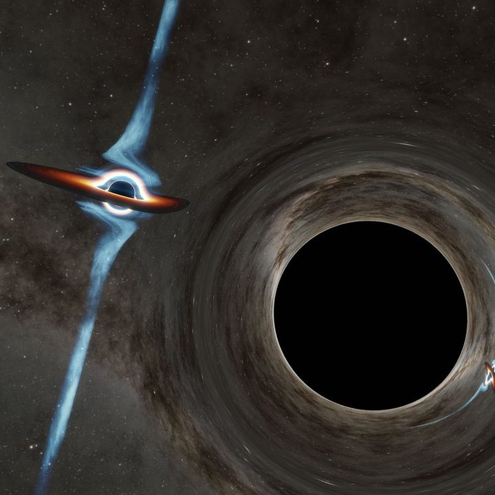 Illustration demonstrating how light from a smaller black hole (left) curves around a larger black hole and forms an almost-mirror image on the other side.