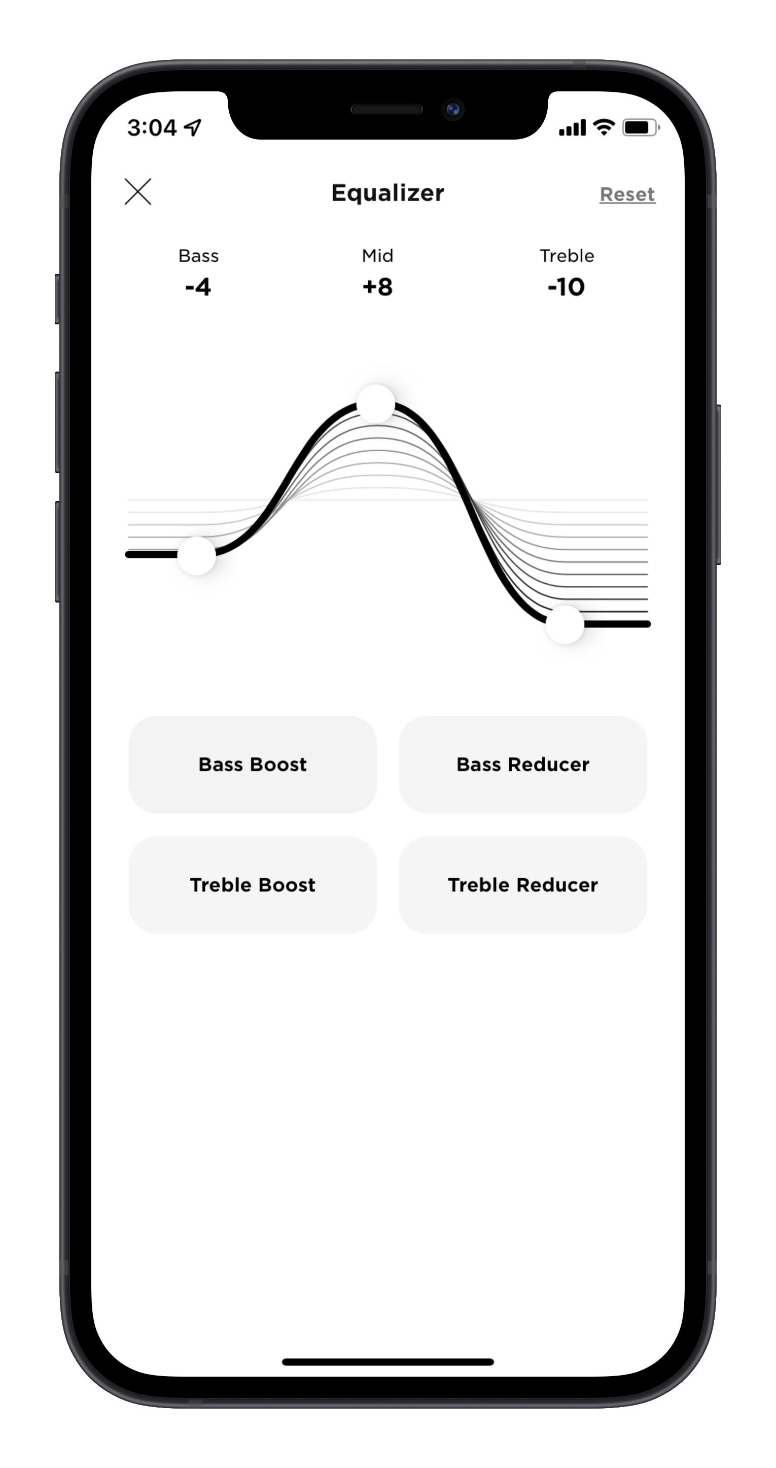 Bose Music app interface with EQ settings and touch control customization