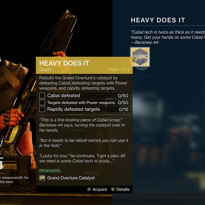 Visiting Banshee-44 in Destiny 2 to collect the Grand Overture catalyst.