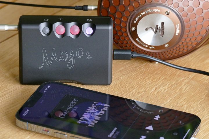 Chord Mojo 2 with headphones and iPhone 13 Pro