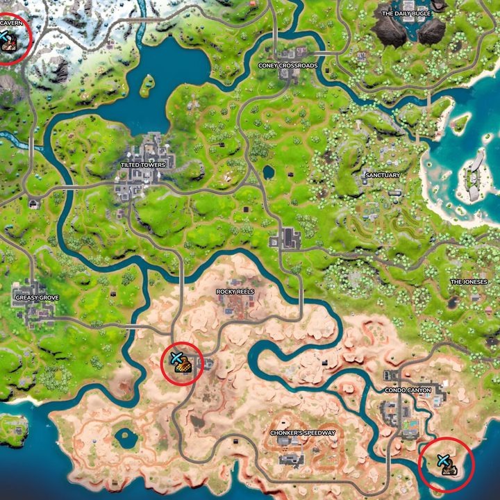 Map of Defeat Mancake, Ronin, and Shanta in Fortnite.