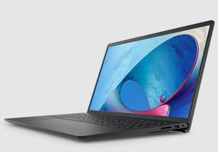 The 15-inch Dell Inspiron 3000 laptop with a blue screensaver.
