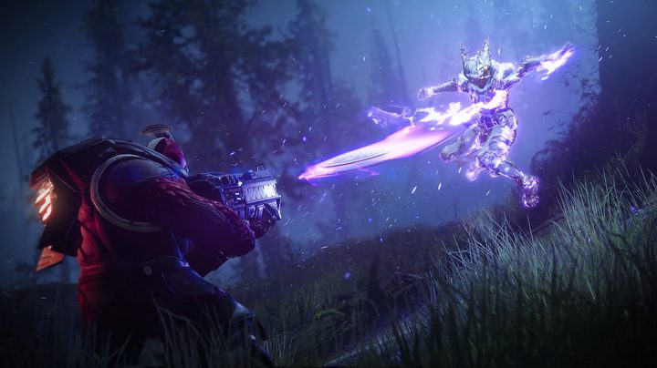 A Guardian shoots a void weapon in Destiny 2.