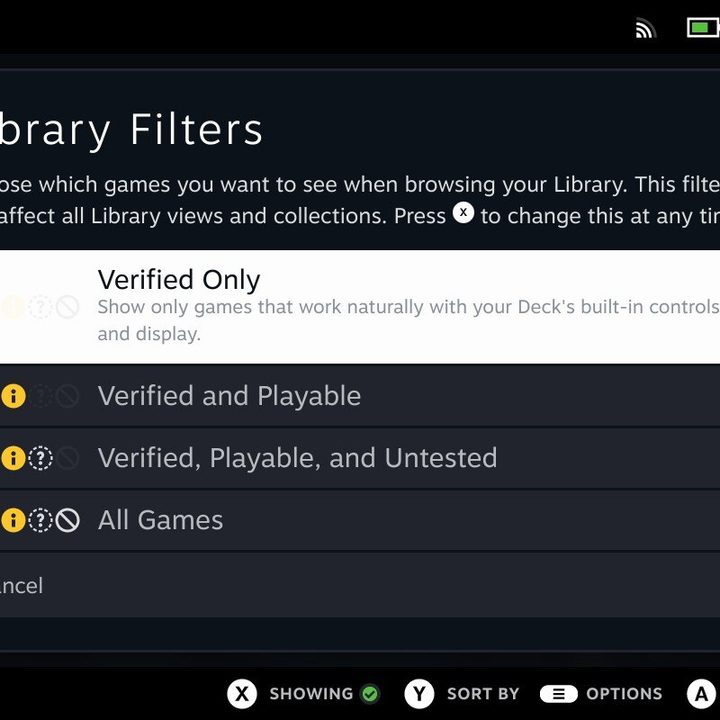 The library filters menu available on Steam Deck.