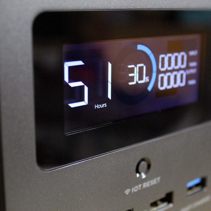 The EcoFlow Delta Mini display shows remaining charge time and current use.