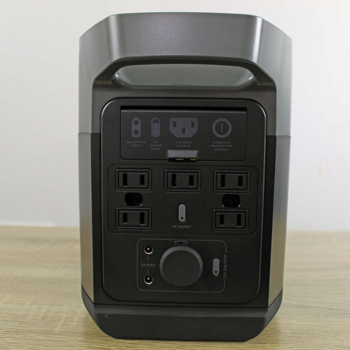 The front of an EcoFlow Delta Mini features AC outlets, a 12V port, and charging ports.