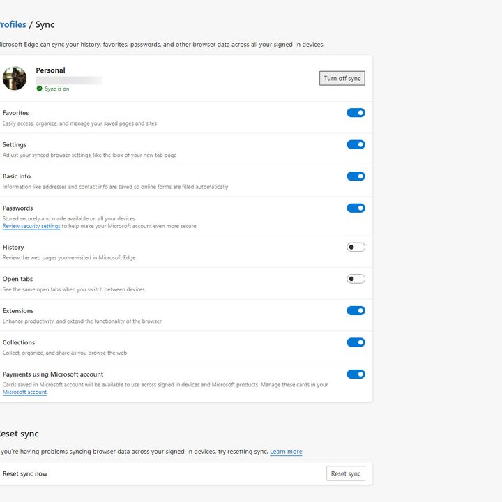 Updated Microsoft Edge sync options.