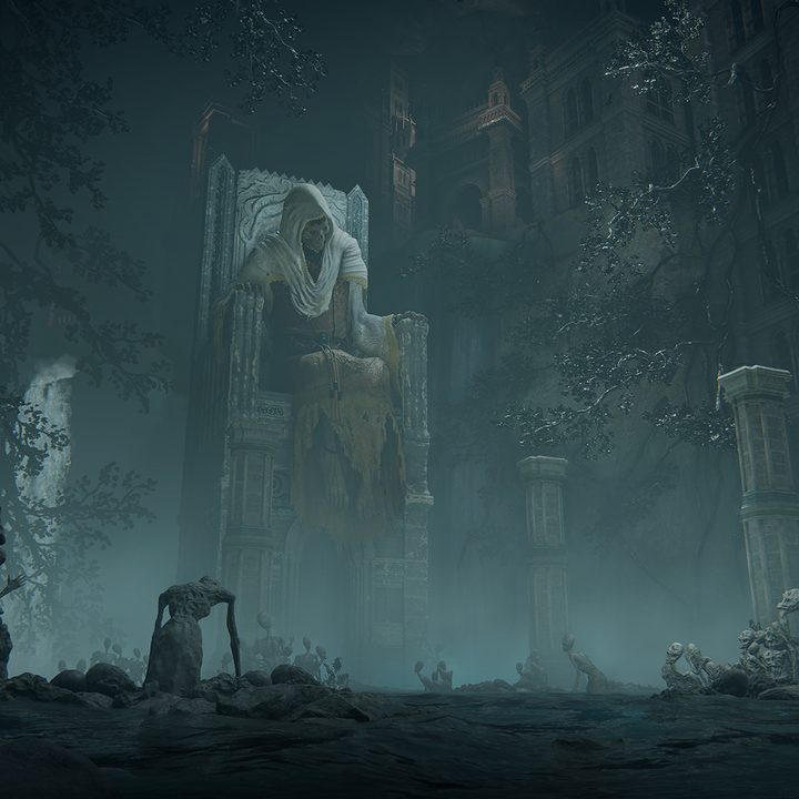 A tall statue towers over a foggy land in Elden Ring.