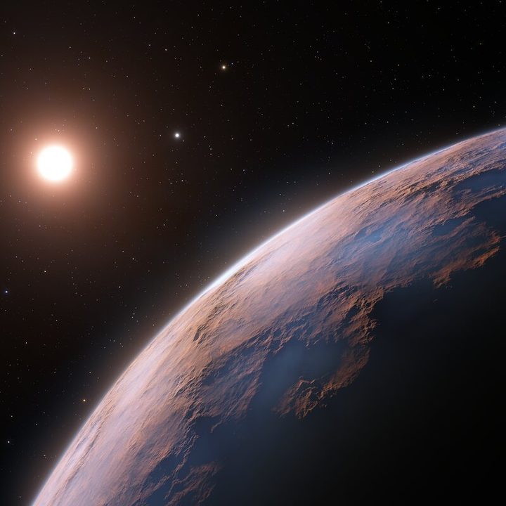 This artist’s impression shows a close-up view of Proxima d, a planet candidate recently found orbiting the red dwarf star Proxima Centauri, the closest star to the Solar System.