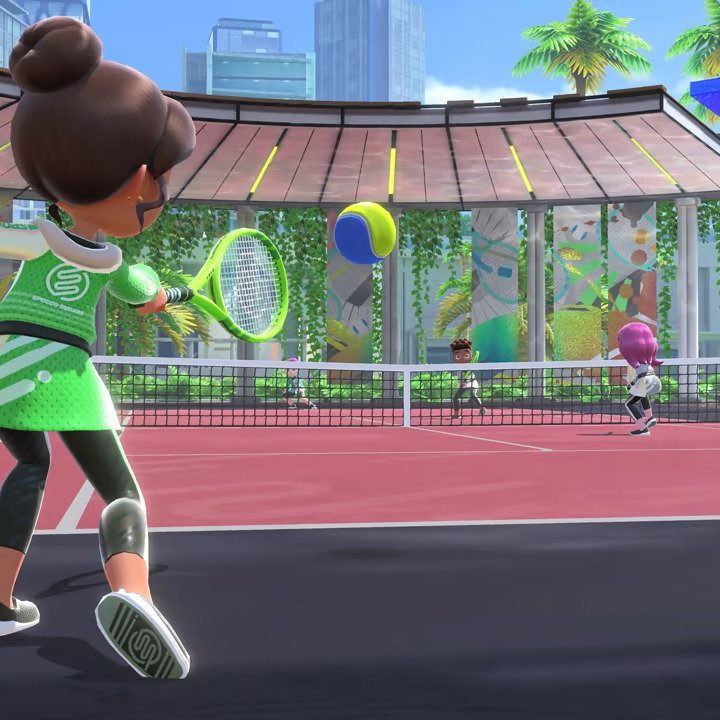 A Mii hits a tennis ball in Nintendo Switch Sports.