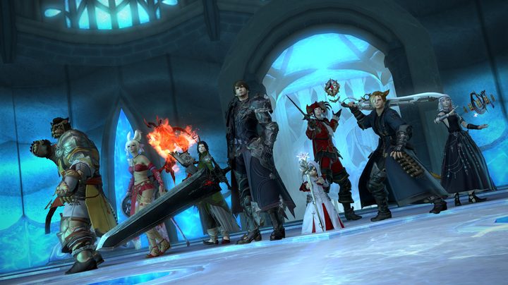 A party of characters stands together in a Final Fantasy XIV dungeon.