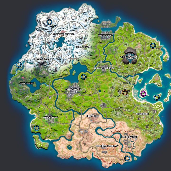 Map of Mighty Monument, Seven Outposts, and Sanctuary in Fortnite.