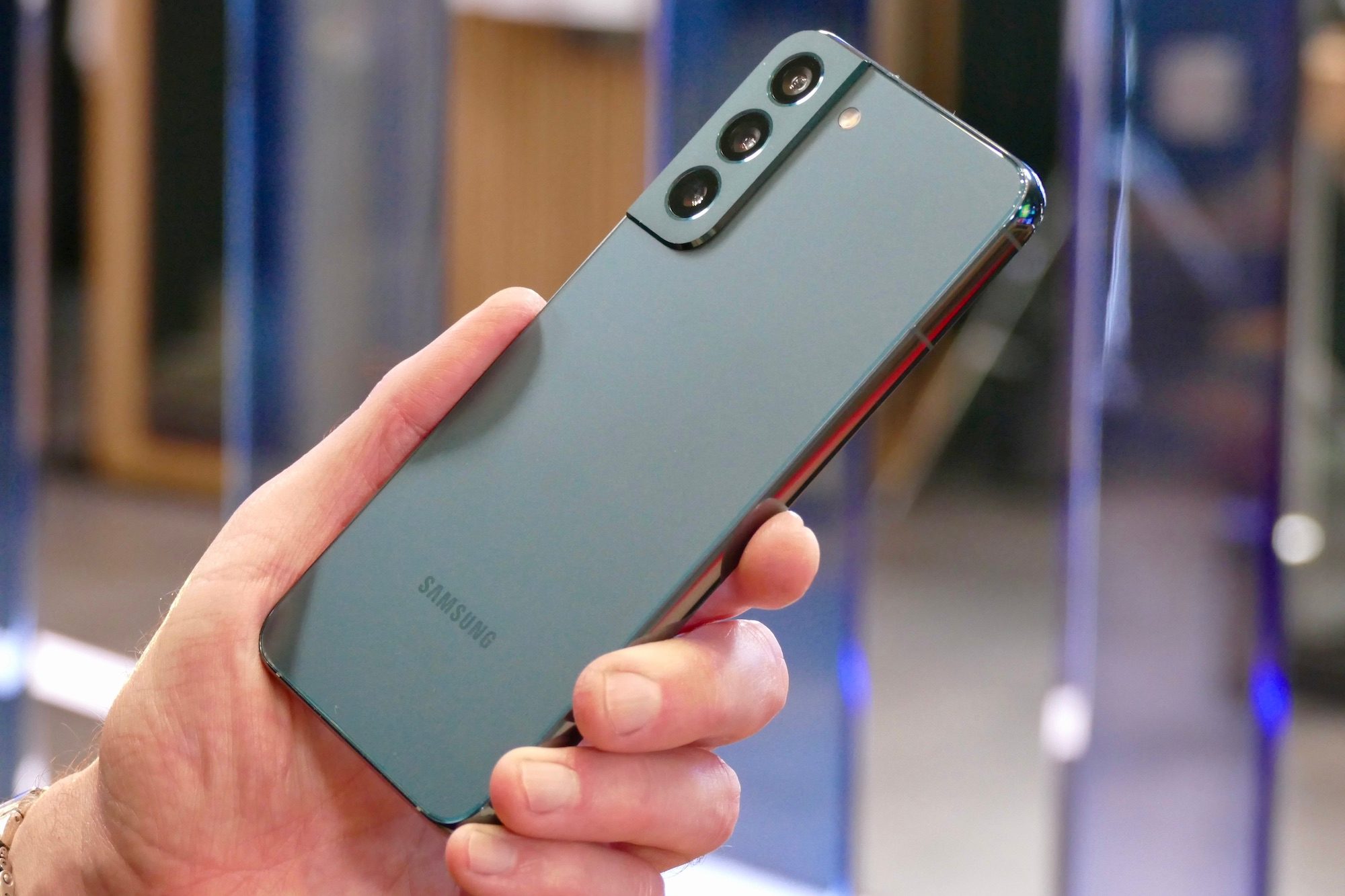 Galaxy S22 Plus in green seen from the back.