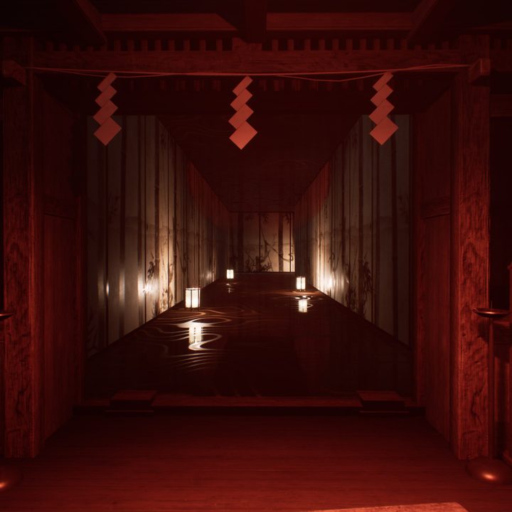A red hallway in Ghostwire: Tokyo.