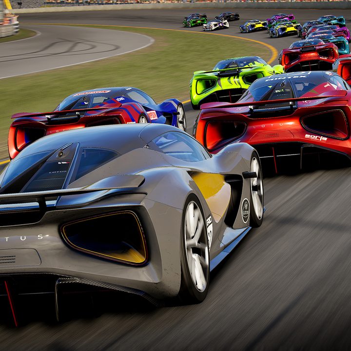 Cars race on the Crescent Valley track in Grid Legends.