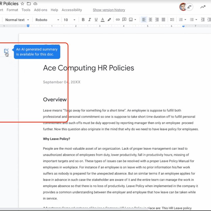 Google uses A.I. to bring auto-generated summaries to Google Docs.