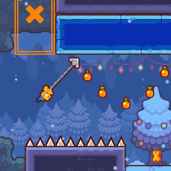 A yellow dog collects oranges by swinging in Grapple Dog.