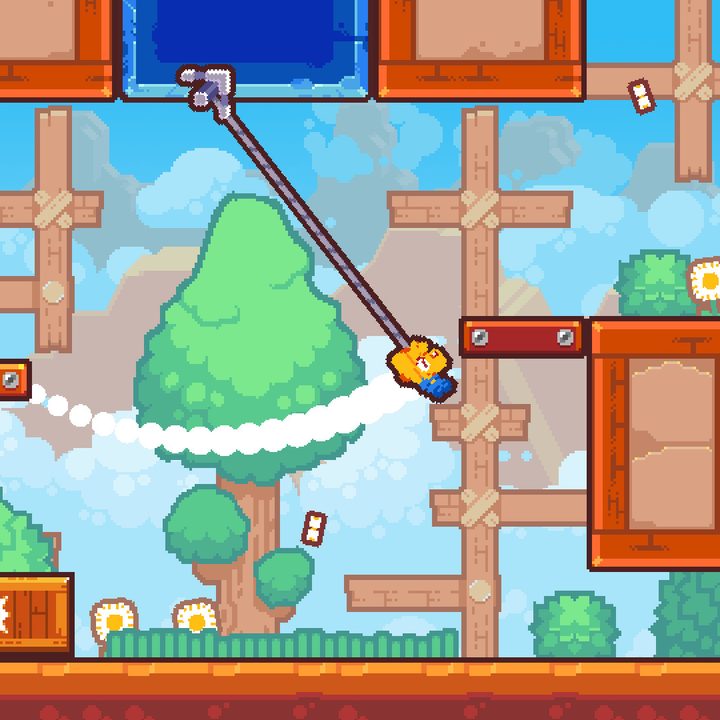 A yellow dog swings with a grappling hook in Grapple Dog.