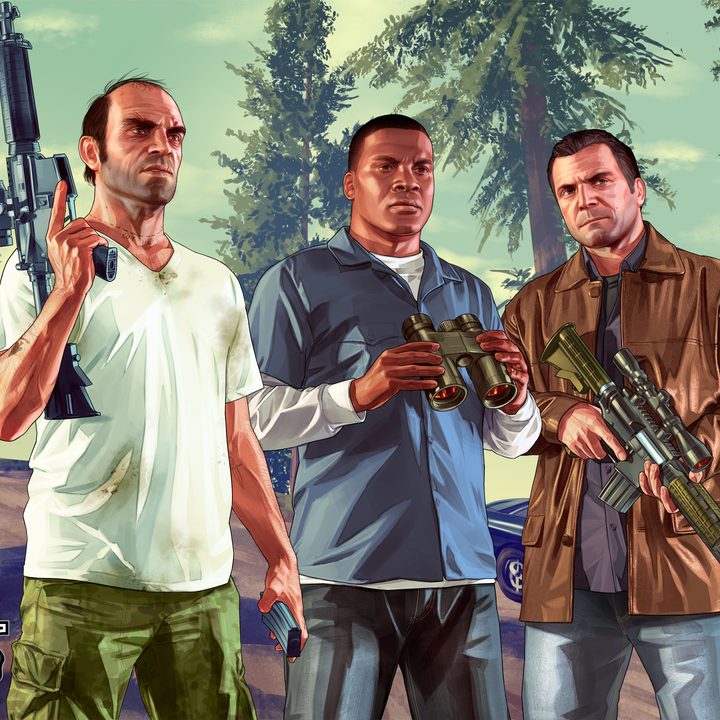 From left, Trevor, Franklin, and Michael prepare to hunt someone in the forests outside of Los Santos.