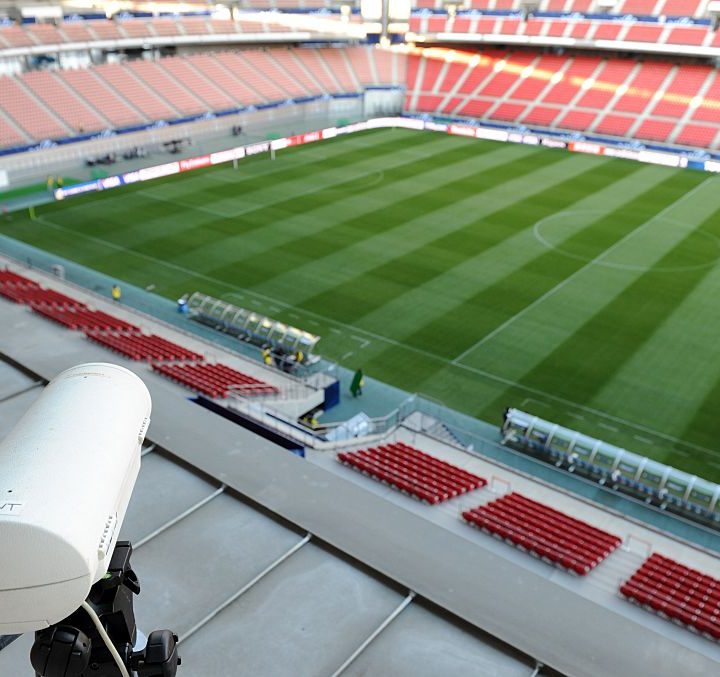 Hawk-Eye goal line camera overlooking an empty stadium and field.