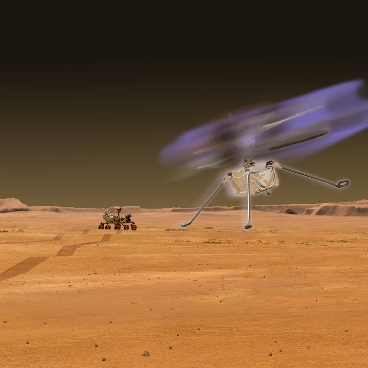 An artist’s concept of a glow surrounding a drone at Mars during flight.
