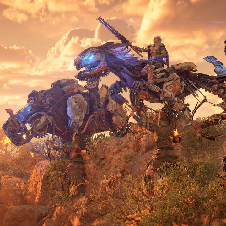 A tribe rides machines in Horizon Forbidden West.
