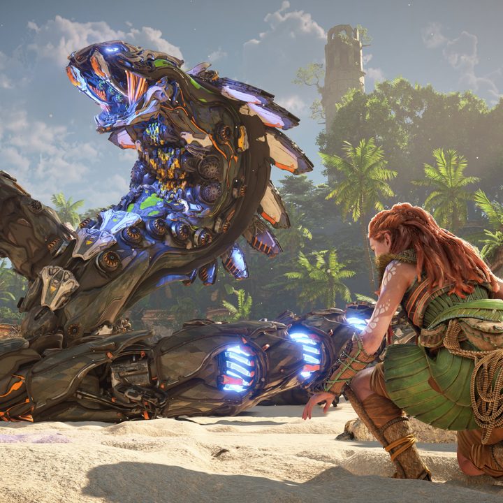 Aloy faces a giant Slitherfang in Horizon Forbidden West.